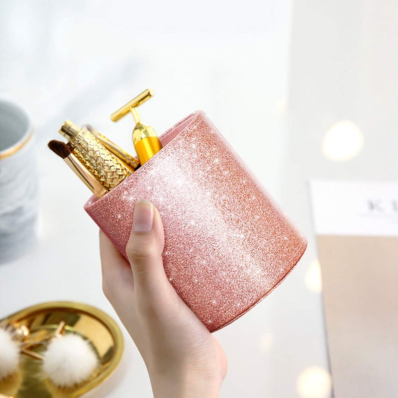 WAVEYU Pen Holder for Desk, Pencil Cup Pink Glitter Bling for Women Girls, Luxury Makeup Brush Holder Large Pu Leather Multi-Functional Organizer Cup for Office, Classroom, Home, Rose Gold - Image 3