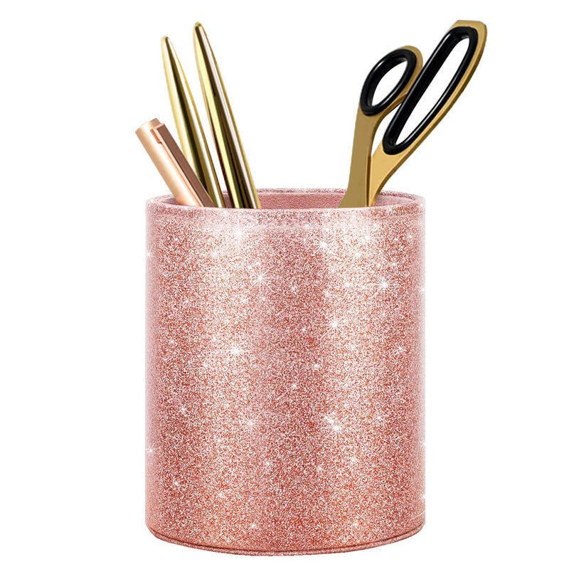 WAVEYU Pen Holder for Desk, Pencil Cup Pink Glitter Bling for Women Girls, Luxury Makeup Brush Holder Large Pu Leather Multi-Functional Organizer Cup for Office, Classroom, Home, Rose Gold - Image 1