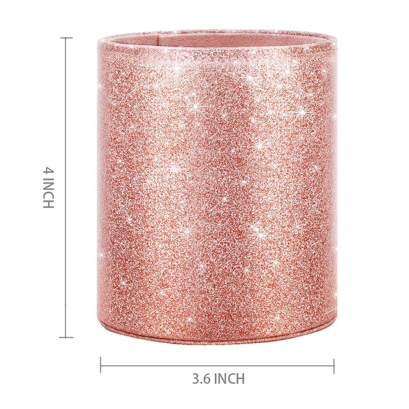 WAVEYU Pen Holder for Desk, Pencil Cup Pink Glitter Bling for Women Girls, Luxury Makeup Brush Holder Large Pu Leather Multi-Functional Organizer Cup for Office, Classroom, Home, Rose Gold - Image 2
