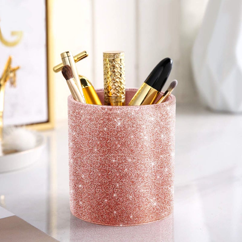 WAVEYU Pen Holder for Desk, Pencil Cup Pink Glitter Bling for Women Girls, Luxury Makeup Brush Holder Large Pu Leather Multi-Functional Organizer Cup for Office, Classroom, Home, Rose Gold - Image 5