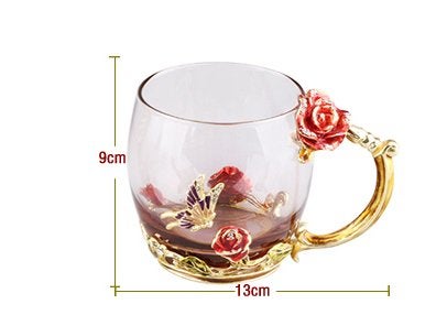 Bestbling Creative Handmade Enamel Home Decration Enamel Flower Crystal Glass Coffee Tea Water Cup (32CL, Rose Red) - Image 3