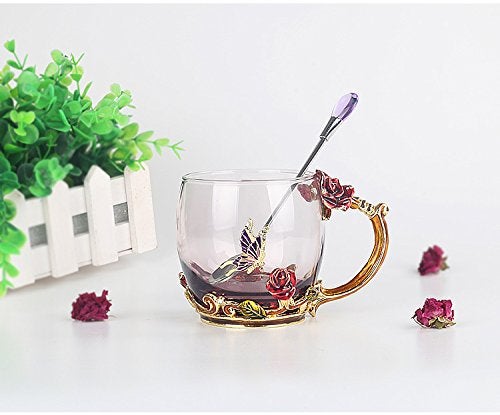 Bestbling Creative Handmade Enamel Home Decration Enamel Flower Crystal Glass Coffee Tea Water Cup (32CL, Rose Red) - Image 2
