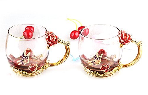 Bestbling Creative Handmade Enamel Home Decration Enamel Flower Crystal Glass Coffee Tea Water Cup (32CL, Rose Red) - Image 4