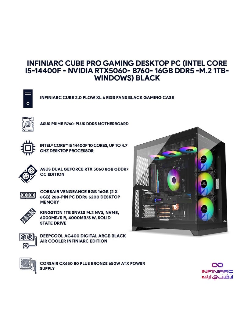 INFINIARC Cube Pro Gaming PC (Intel Core i5-14400F, ASUS RTX 5060 8GB GDDR7, 16GB DDR5 5200MHz, 1TB NVMe SSD, B760 DDR5, Air Cooling Windows, 650W PSU, RGB Case)-Black  - Image 3
