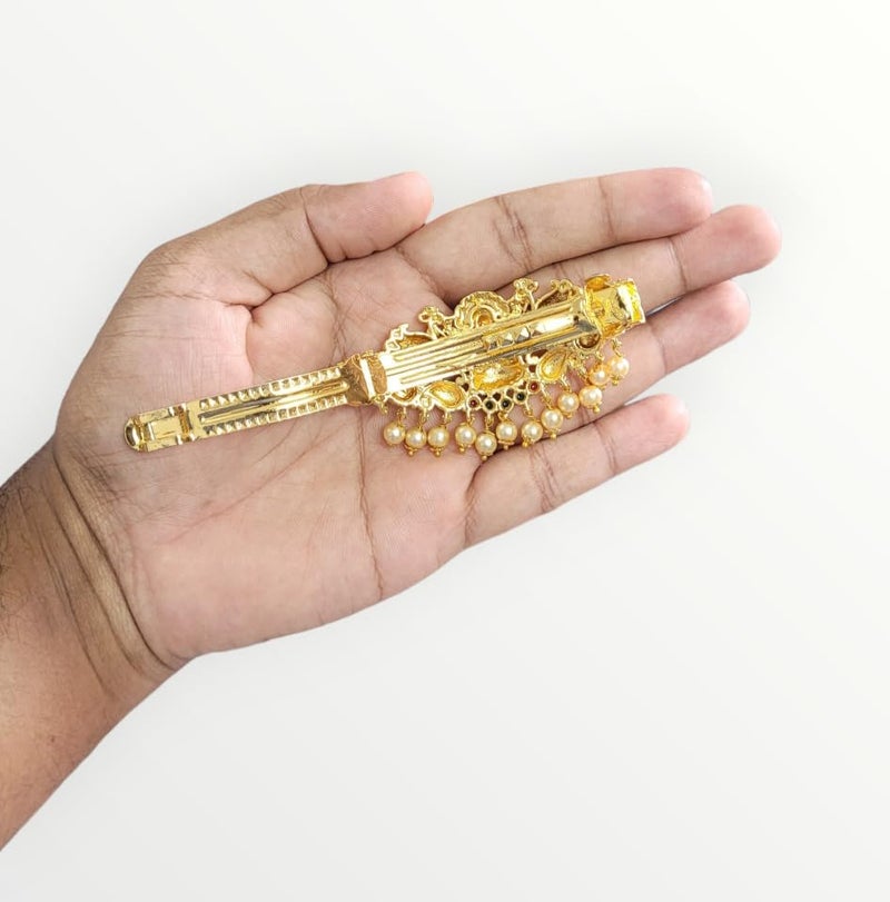 Arnavira® Gold Antique Finish Traditional Temple Design Hair Clip Barrette For Women and Girl Bridal Wedding (Gold Antique, Design 01) - Image 2