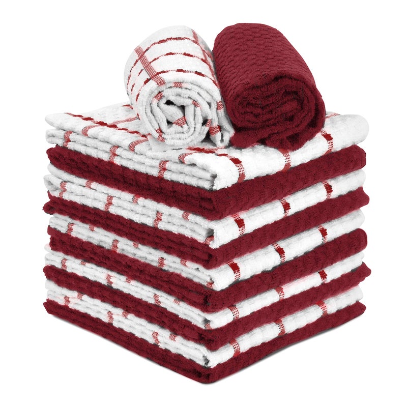 TALVANIA Red Kitchen Dish Towels 100 Cotton Dobby Weave Terry Towel Set 12 Pack Soft and Absorbent Multipurpose Dish Cloth Hand Towel and All Kitchen Cleaning 15 X 25 Machine Washable