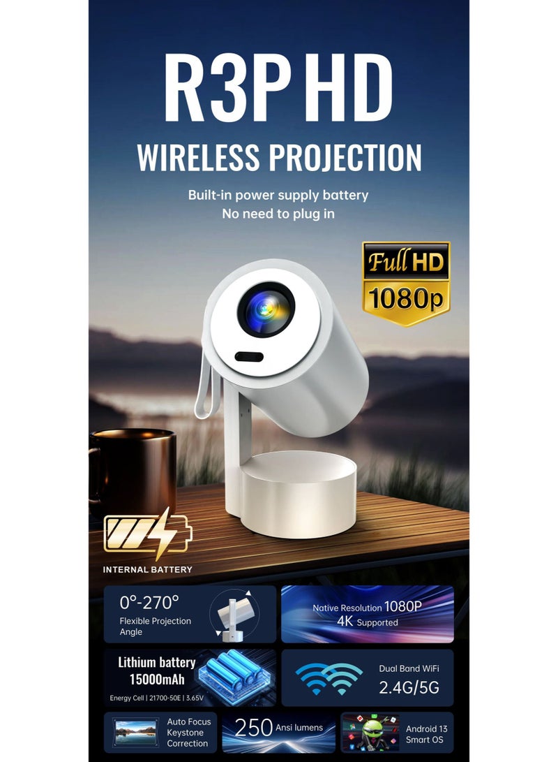Crony بروجيكتور ميني محمول CRONY R3P – بروجيكتور ذكي LED بدقة 1080P مع فك تشفير 4K، بطارية مدمجة بسعة 15,000 مللي أمبير، نظام أندرويد 13، واي فاي 2.4G/5G، تركيز تلقائي، 250 لومن - Image 2