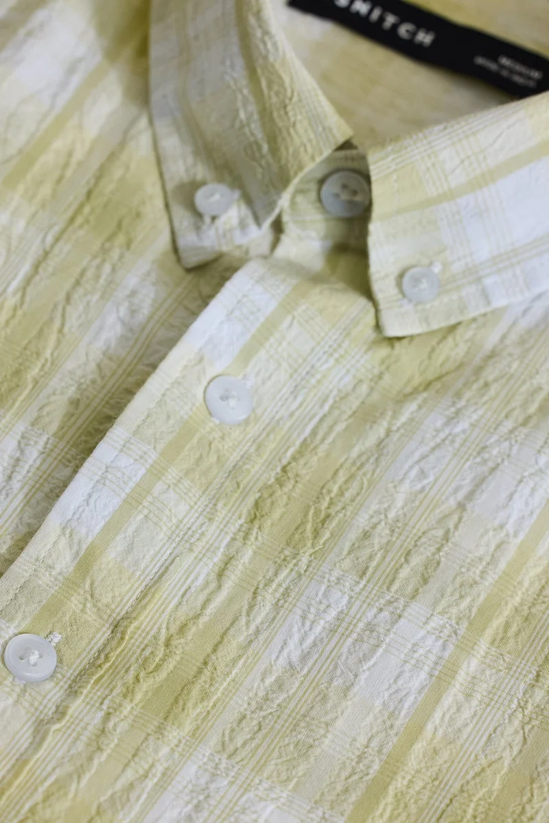 سنيتش Soft Yellow Checkered Long Sleeve Slim Fit Shirt
