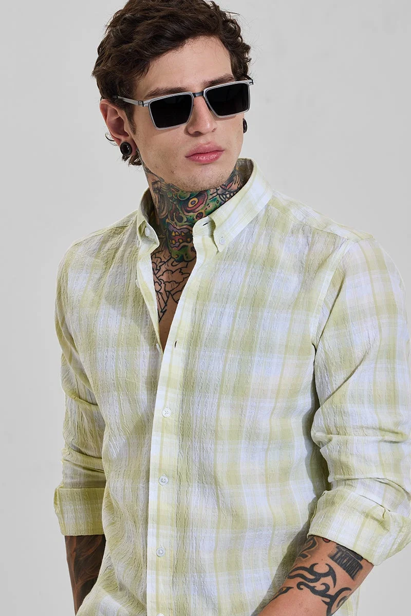 سنيتش Soft Yellow Checkered Long Sleeve Slim Fit Shirt
