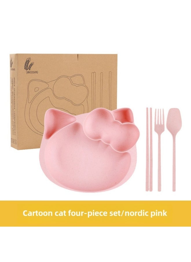 NIBEMINENT Childrens wheat straw tableware suit baby compartment food supplement plate cartoon bowl chopsticks children gift printed logoCartoon Cat four-piece set/Nordic pink Cartoon Cat four-piece set/Nordic pink 