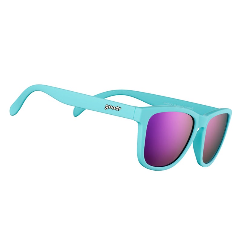 goodr Electric Dinotopia Carnival Polarized Sunglasses for Men & Women, Light Teal Solid Frames with Purple Reflective Lens, UV400 Protection, No Slip - Image 1