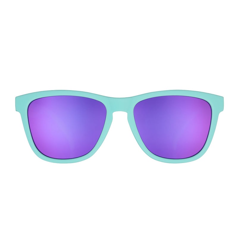 goodr Electric Dinotopia Carnival Polarized Sunglasses for Men & Women, Light Teal Solid Frames with Purple Reflective Lens, UV400 Protection, No Slip - Image 2