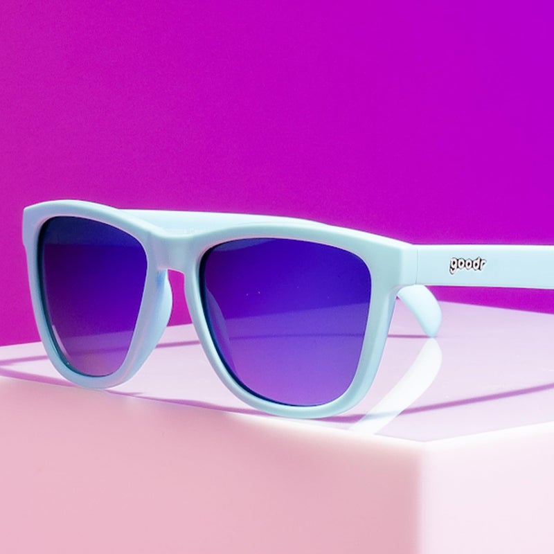 goodr Electric Dinotopia Carnival Polarized Sunglasses for Men & Women, Light Teal Solid Frames with Purple Reflective Lens, UV400 Protection, No Slip - Image 3