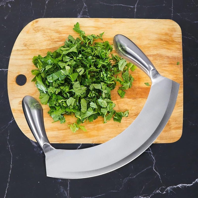 DAYANIDHI Dayanadhi Professional 95 Inch Stainless Steel Pizza Cutter Double Handle Garlic Knife Multipurpose Pizza Slicer Sharp Blade Fruit Vegetable Pizza Mincing Knife Slicer Silver 1Pcs - Image 5