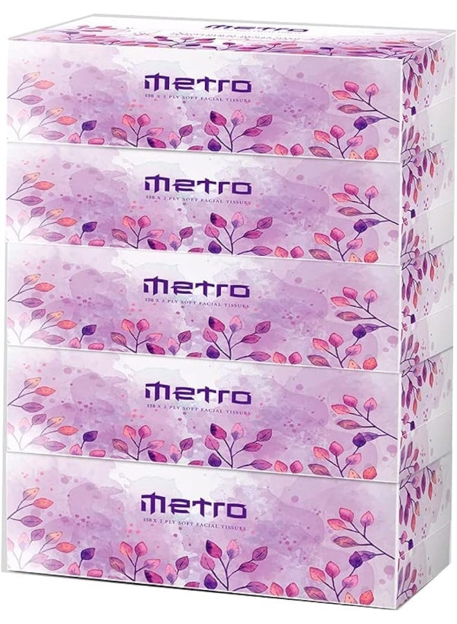 Metro Facial Tissue (150 Sheets - 2 Ply - 5 Boxes) | Premium Quality Facial Tissue 2 Ply - Image 1