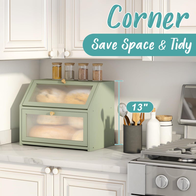 Vriccc Green Bread Box for Kitchen Counter, Large Bamboo Wood Double Layer Bread Box, Wooden Bread Storage Capacity - Image 3