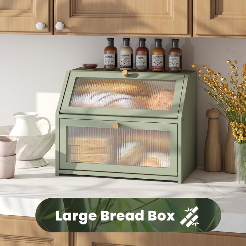 Vriccc Green Bread Box for Kitchen Counter, Large Bamboo Wood Double Layer Bread Box, Wooden Bread Storage Capacity - Image 2