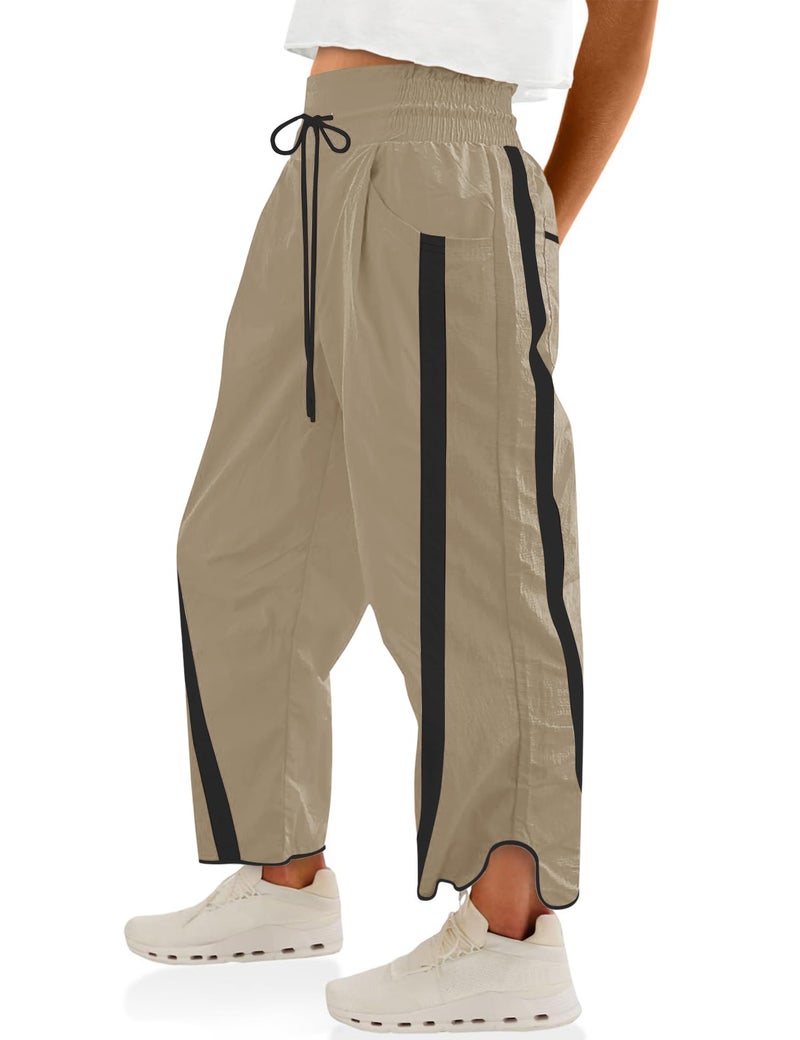 LOMON Womens Baggy Wide Leg Pants 2026 Lightweight Travel Workout Drawstring Contrast Color Pant Elastic Waisted Y2K Track Pants with Pockets (Khaki, S) - Image 1