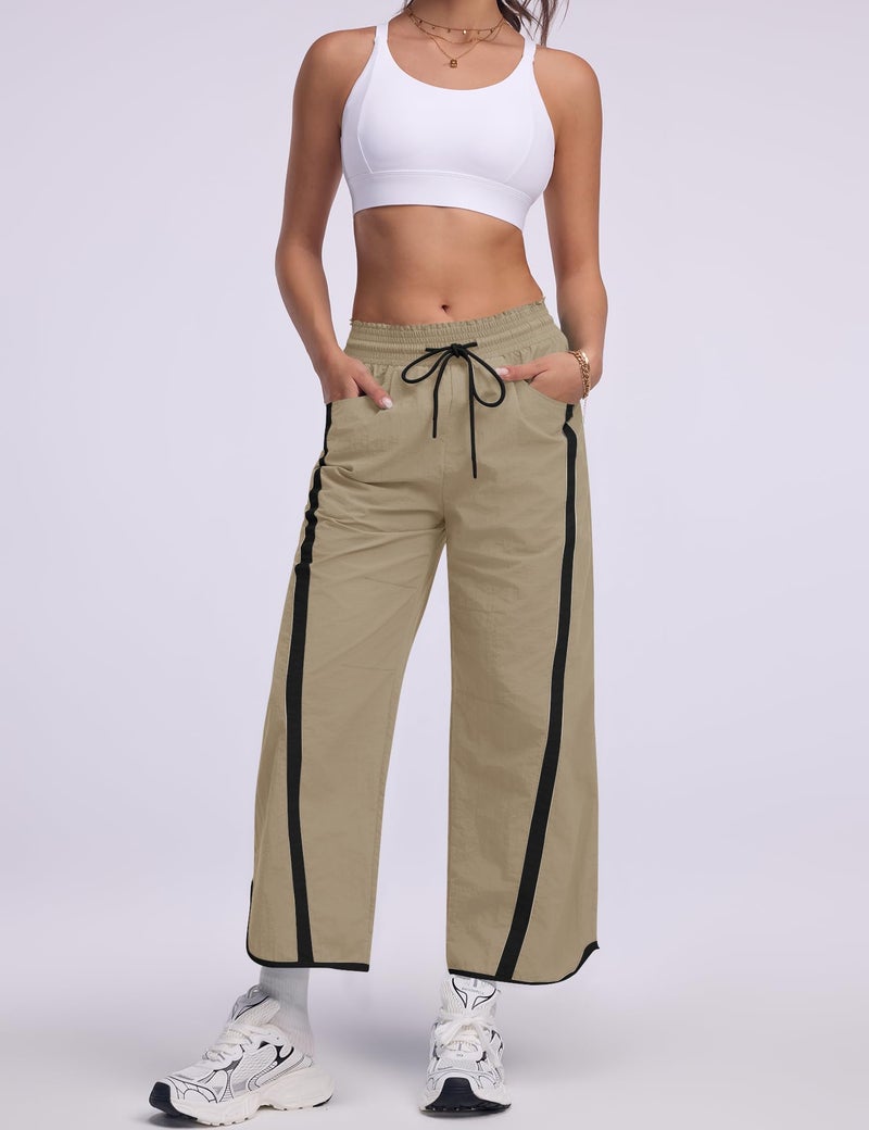 LOMON Womens Baggy Wide Leg Pants 2026 Lightweight Travel Workout Drawstring Contrast Color Pant Elastic Waisted Y2K Track Pants with Pockets (Khaki, S) - Image 3
