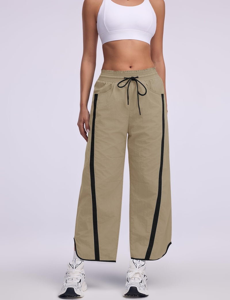 LOMON Womens Baggy Wide Leg Pants 2026 Lightweight Travel Workout Drawstring Contrast Color Pant Elastic Waisted Y2K Track Pants with Pockets (Khaki, S) - Image 4