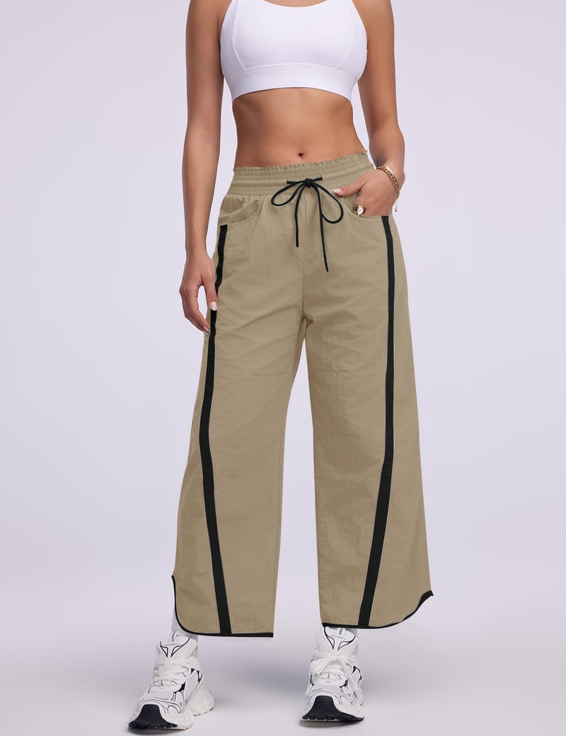 LOMON Womens Baggy Wide Leg Pants 2026 Lightweight Travel Workout Drawstring Contrast Color Pant Elastic Waisted Y2K Track Pants with Pockets (Khaki, S) - Image 5
