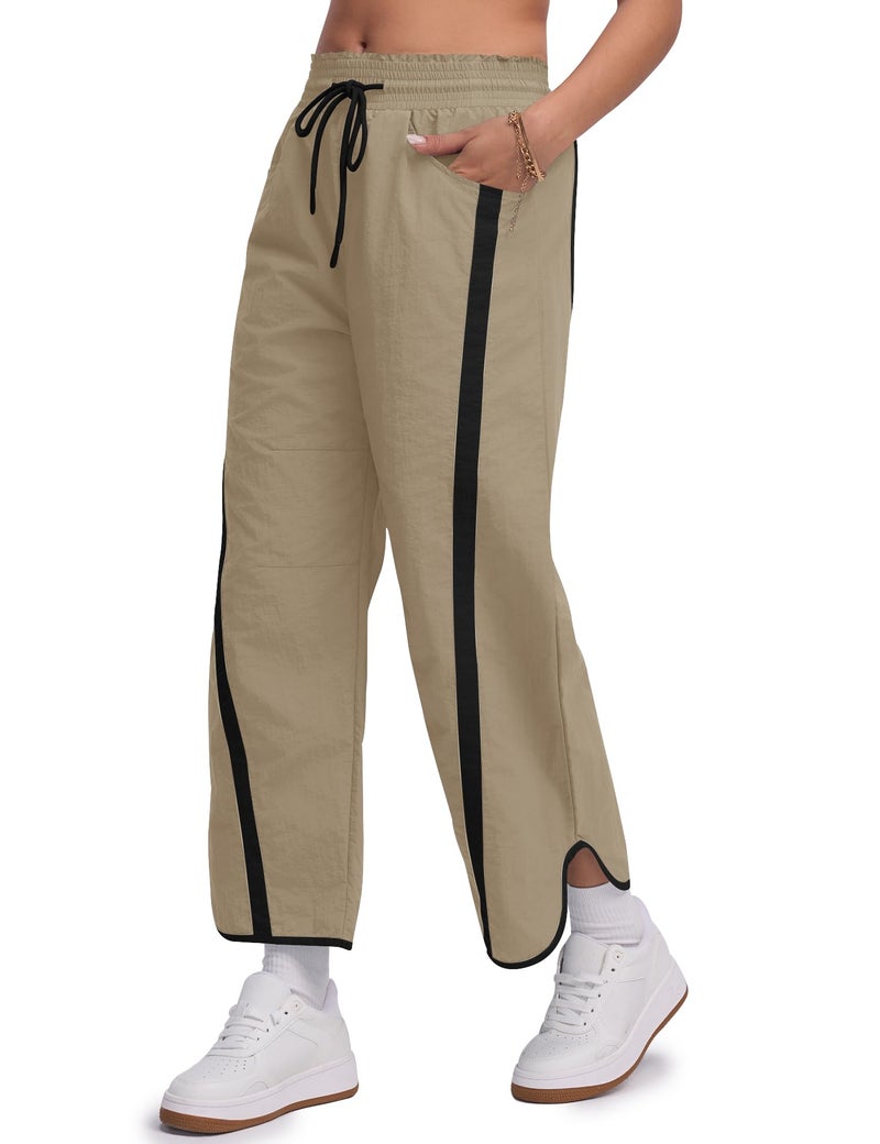 LOMON Womens Baggy Wide Leg Pants 2026 Lightweight Travel Workout Drawstring Contrast Color Pant Elastic Waisted Y2K Track Pants with Pockets (Khaki, S) - Image 2