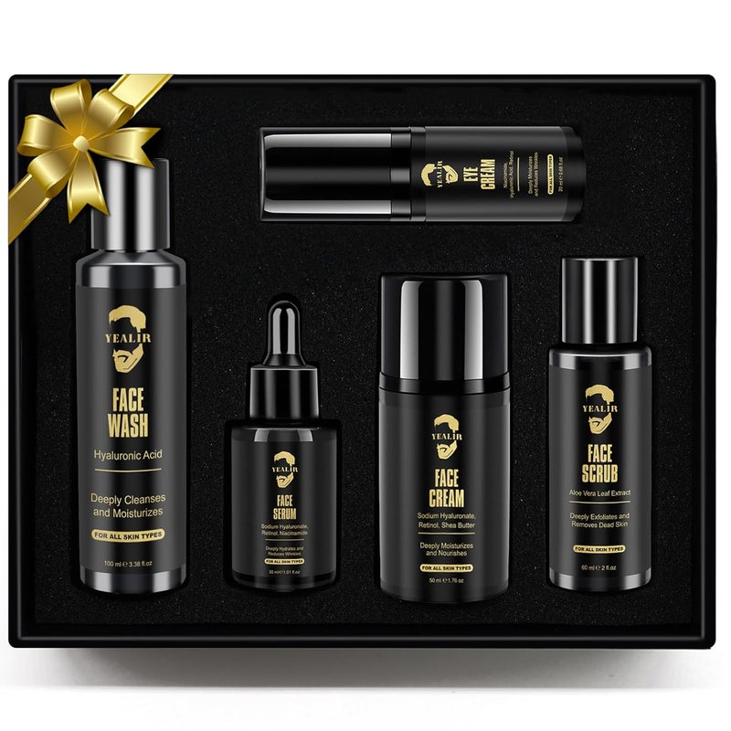 YEALIR Mens Skin Care Kit  Anti Aging  Wrinkle Hydration Mens Facial Care Kit Includes Face Wash Scrub Cream Serum Eye Cream Skin Care for Men Valentines Day Gifts for Him