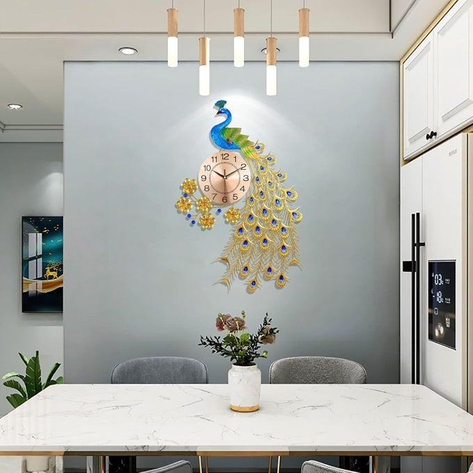 METAL 3D PEACOCK BIG SIZE ANALOG WALL CLOCK FOR HOME NONTICKING SILENT ART DECORATIVE MODERN BIG WALL CLOCK FOR LIVING ROOM DECOR CREATIVE PERSONALITY MODERN ART QUARTZ CLOCK LARGE SIZE