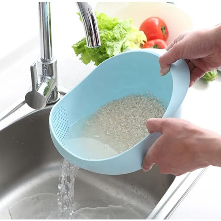 STERILIX Kitchen Plastic Bowl Thick Drain Basket for Rice Fruit and Vegetable with Handle (Blue) - Image 3