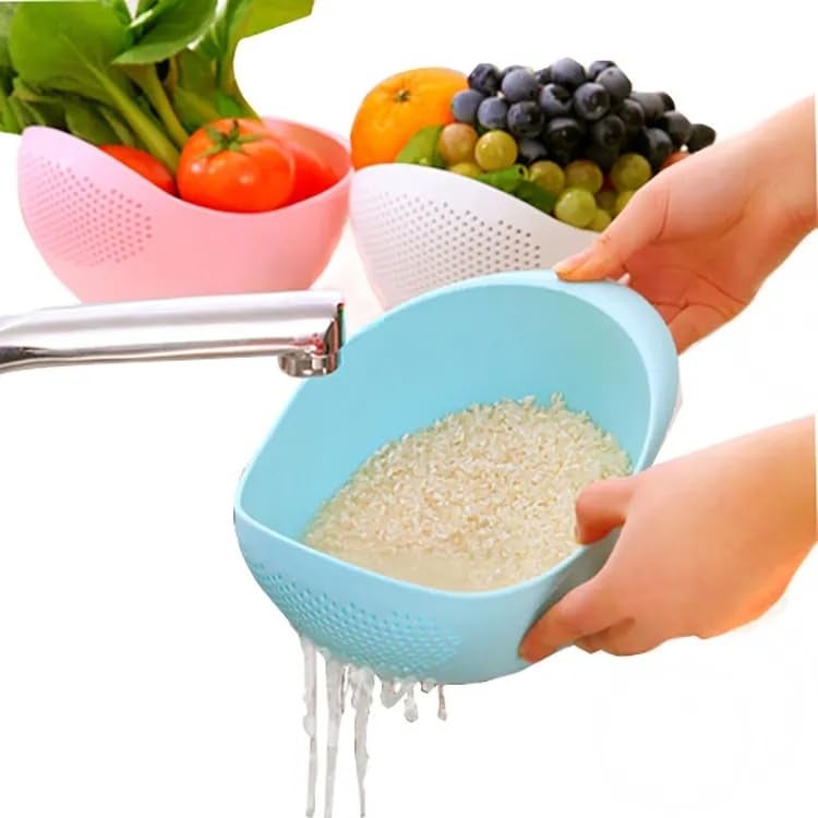 STERILIX Kitchen Plastic Bowl Thick Drain Basket for Rice Fruit and Vegetable with Handle (Blue) - Image 2