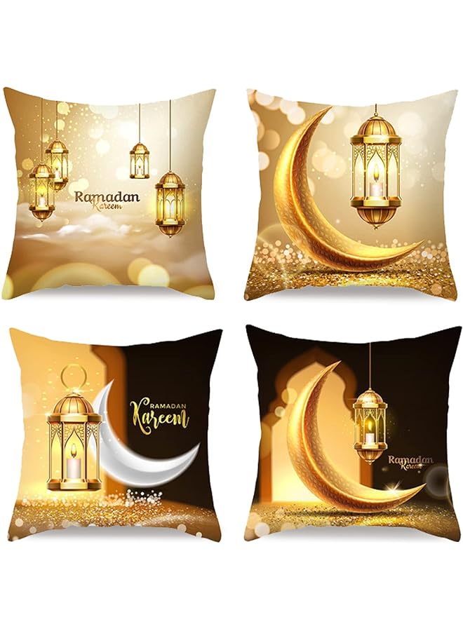 4 Pieces Ramadan Throw Pillow Covers Eid Cushion Cover Set Moon Lantern Decorations Home Pillow Case Sofa Bed Couch (18" x 18")