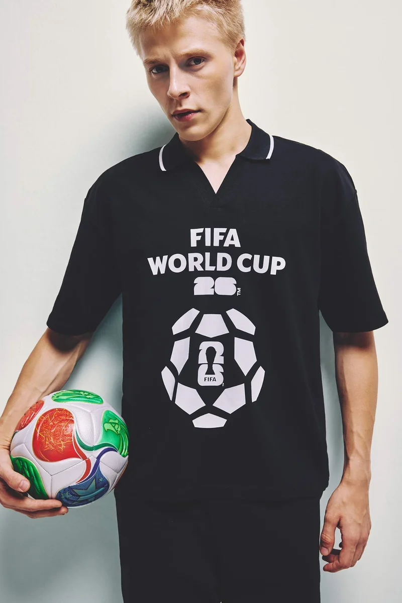 ديفاكتو Cotton Boxy Fit Polo Shirt Printed Black T-Shirt