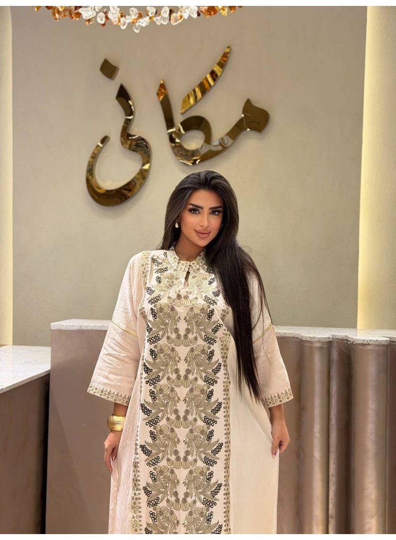 عباية حريمي خروج واستقبال كتان تركي فاخر مطرزة – تصميم ملكي أنيق للمناسبات والخروجات - Image 2