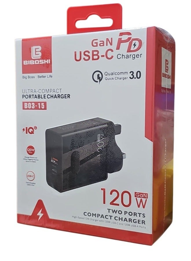 Biboshi 120W Fast Wall Charger with USB Port and Type C Port  Black