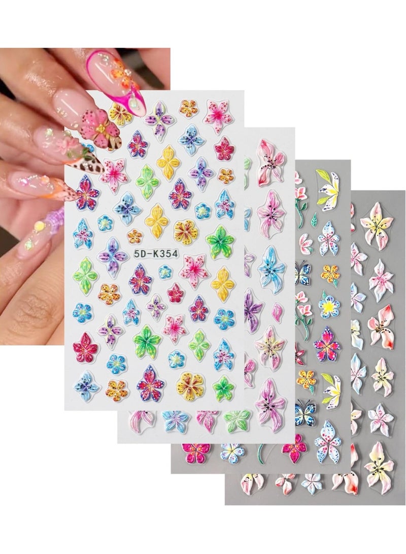 Stickers para Uñas Nail Stickers Self-Adhesive Sticker Colorful 3D Wild Flower Embossed Calcomanías para Uñas Floral Art Design Accessories Hight Quality 4 Sheets - Image 1