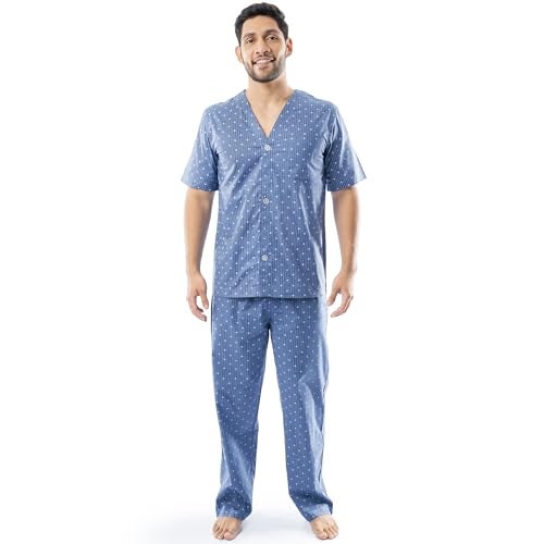 Fruit of the Loom Men's Broadcloth Short Sleeve Top and Long Pants Pajama Set, Medium Blue - Image 1