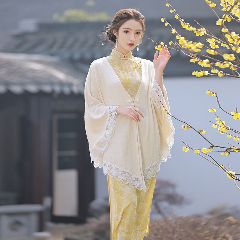 National Style New Chinese Cheongsam One-Piece Ancient Style Non-Provincial Stripes Inverted Large Sleeve Girl Style Student New Waist Cheongsam - Image 1