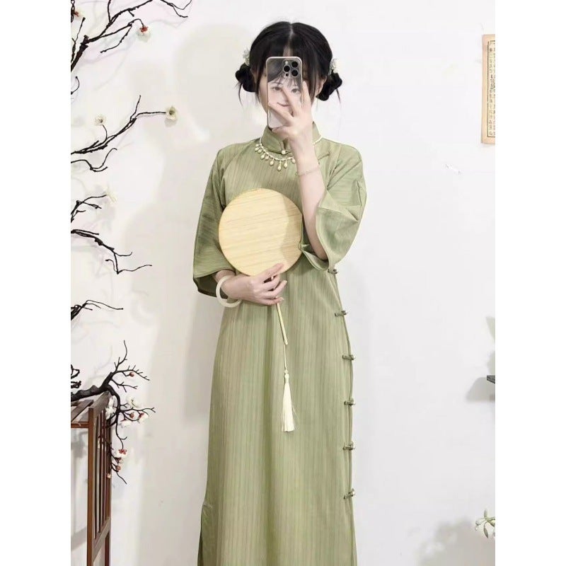 National Style New Chinese Cheongsam One-Piece Ancient Style Non-Provincial Stripes Inverted Large Sleeve Girl Style Student New Waist Cheongsam - Image 4