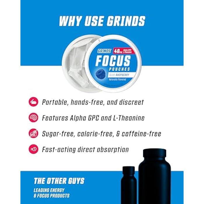GRINDS Focus Pouches - Naturally Flavored with Nootropic Ingredients - Contains Alpha GPC and L-Theanine - Nicotine-Free, Sugar-Free - 3 Pack, 18 Pouches Per Can - Blue Raspberry - Image 4
