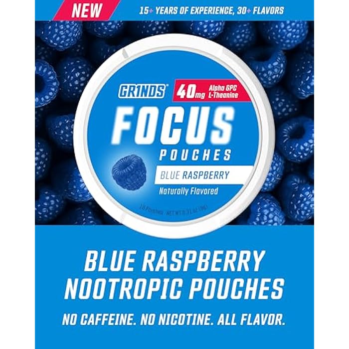 GRINDS Focus Pouches - Naturally Flavored with Nootropic Ingredients - Contains Alpha GPC and L-Theanine - Nicotine-Free, Sugar-Free - 3 Pack, 18 Pouches Per Can - Blue Raspberry - Image 2