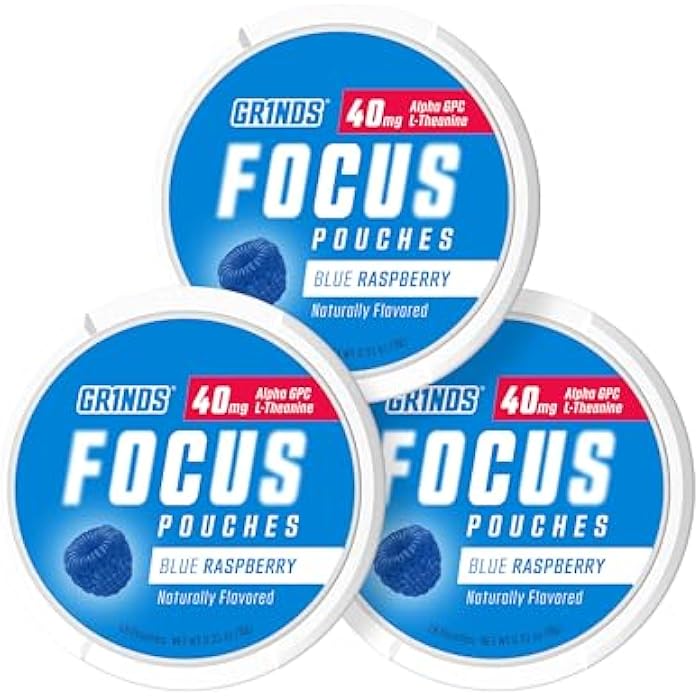 GRINDS Focus Pouches - Naturally Flavored with Nootropic Ingredients - Contains Alpha GPC and L-Theanine - Nicotine-Free, Sugar-Free - 3 Pack, 18 Pouches Per Can - Blue Raspberry - Image 1