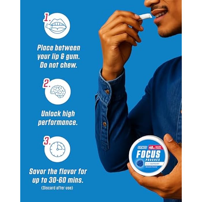 GRINDS Focus Pouches - Naturally Flavored with Nootropic Ingredients - Contains Alpha GPC and L-Theanine - Nicotine-Free, Sugar-Free - 3 Pack, 18 Pouches Per Can - Blue Raspberry - Image 5