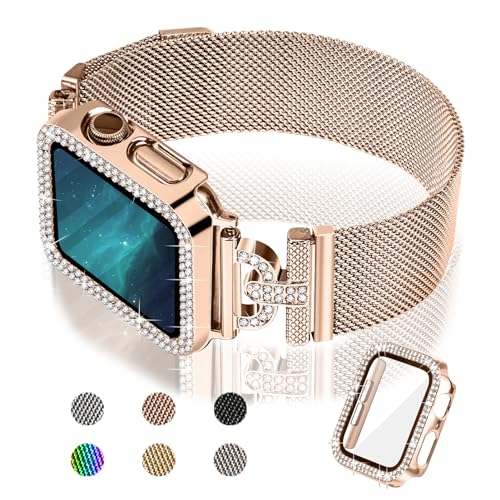 Joyozy Magnetic Band Compatible with Apple Watch Band 38mm 40mm 41mm 42mm 44mm 45mm 46mm Milanese Strap with Bling Case and Screen Protector, Dressy Stainless Steel iWatch Loop for Women (Rose Gold 40mm) - Image 1