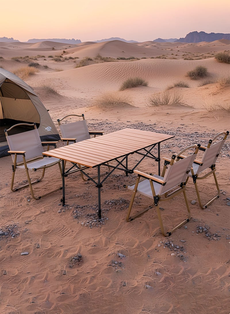 Taimi 5-Piece Camping Set | Portable Camping Table with 4 Chairs, Adjustable Height Folding Table with Carrying Bag 120x55x80cm, Brown and 4 Beige Folding Chairs with Metal Frame and Armrests - Image 1