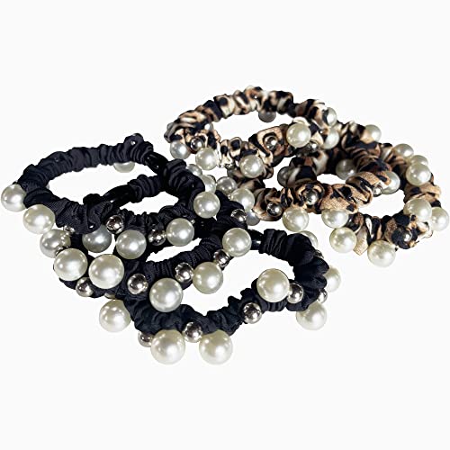 UDeBe Pearl & Golden bead Skinnie Scrunchies Leopard, Mini Matte Hair Scrunchies Hair Bands 6 Counts - Image 1