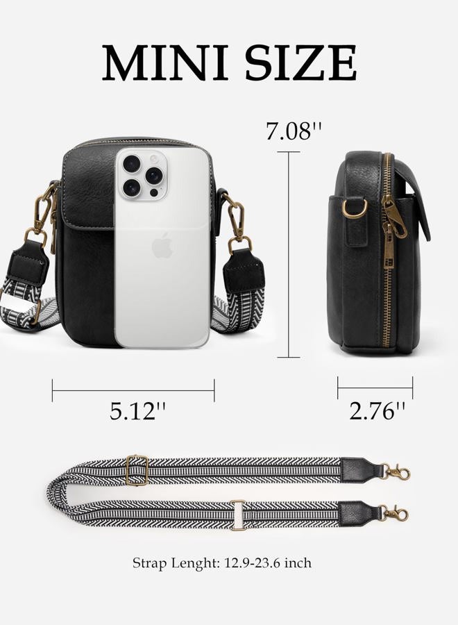 Yarnic Small Crossbody Bag, Vegan Leather Cell Phone Purse for Women, Vintage Wallet Bag with Card Slots, Black-wide Strap a, 5.12" L x 2.76" W x 7.09" H, Vintage - Image 2