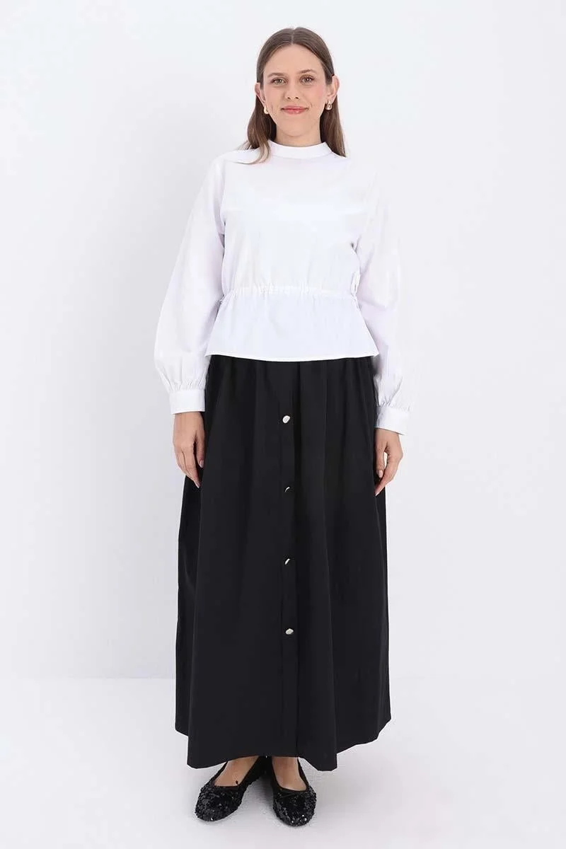 Allday Black-Button Detailed Pleated Skirt