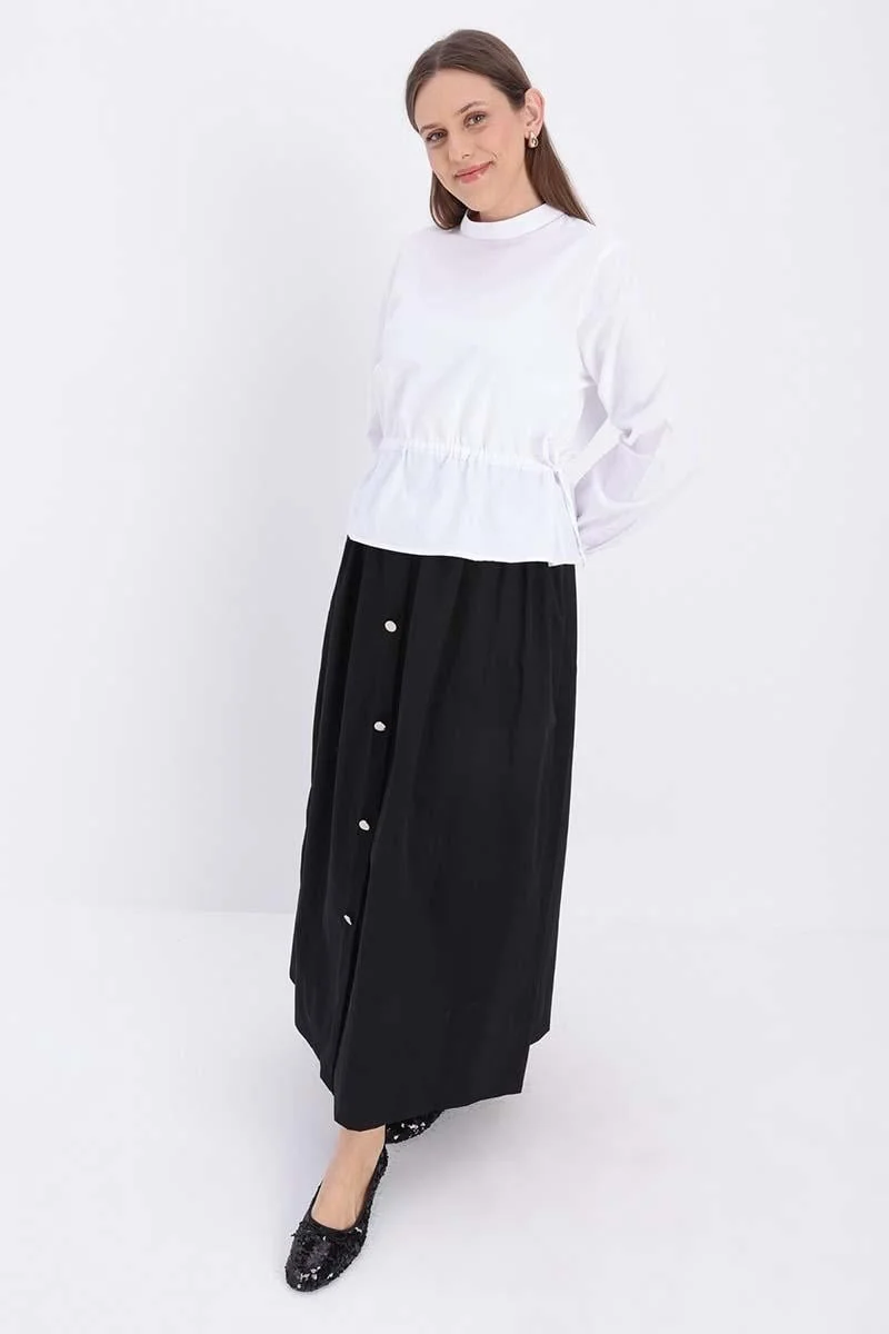 Allday Black-Button Detailed Pleated Skirt