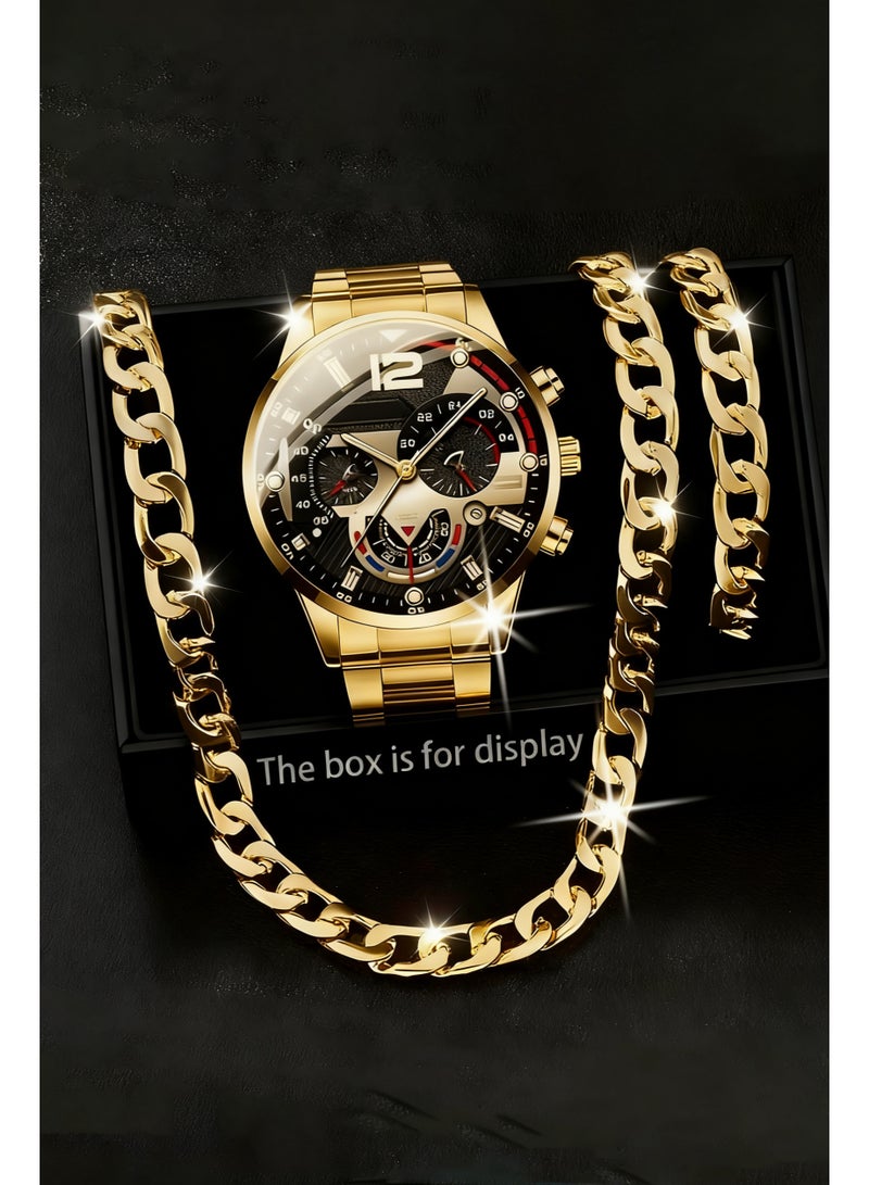 2 قطعة من الذهب الرياح التجارية الرجال ووتش مجموعة ، مع الحد الأدنى من الملحقات ، مناسبة للسفر ، يوميا ، تاريخ ارتداء ، هدية مثالية لعيد ميلاده