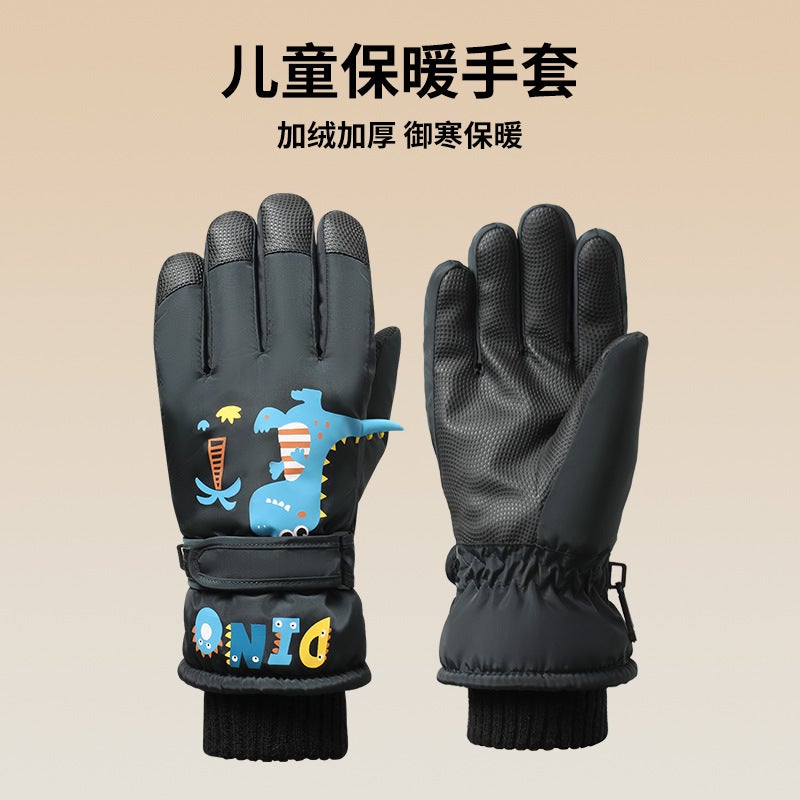 Kids 8-12 Cartoon Waterproof Warm Ski Gloves Et11003 black (5-10 years old) 